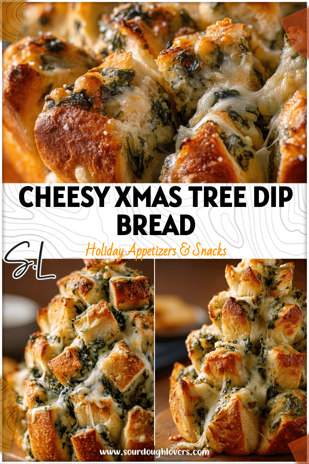 Golden pull-apart Christmas Tree bread filled with creamy spinach dip and melted cheese.