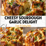 Golden Sourdough Garlic Pull Apart Bread with melted cheese layers and fresh herbs on a baking tray