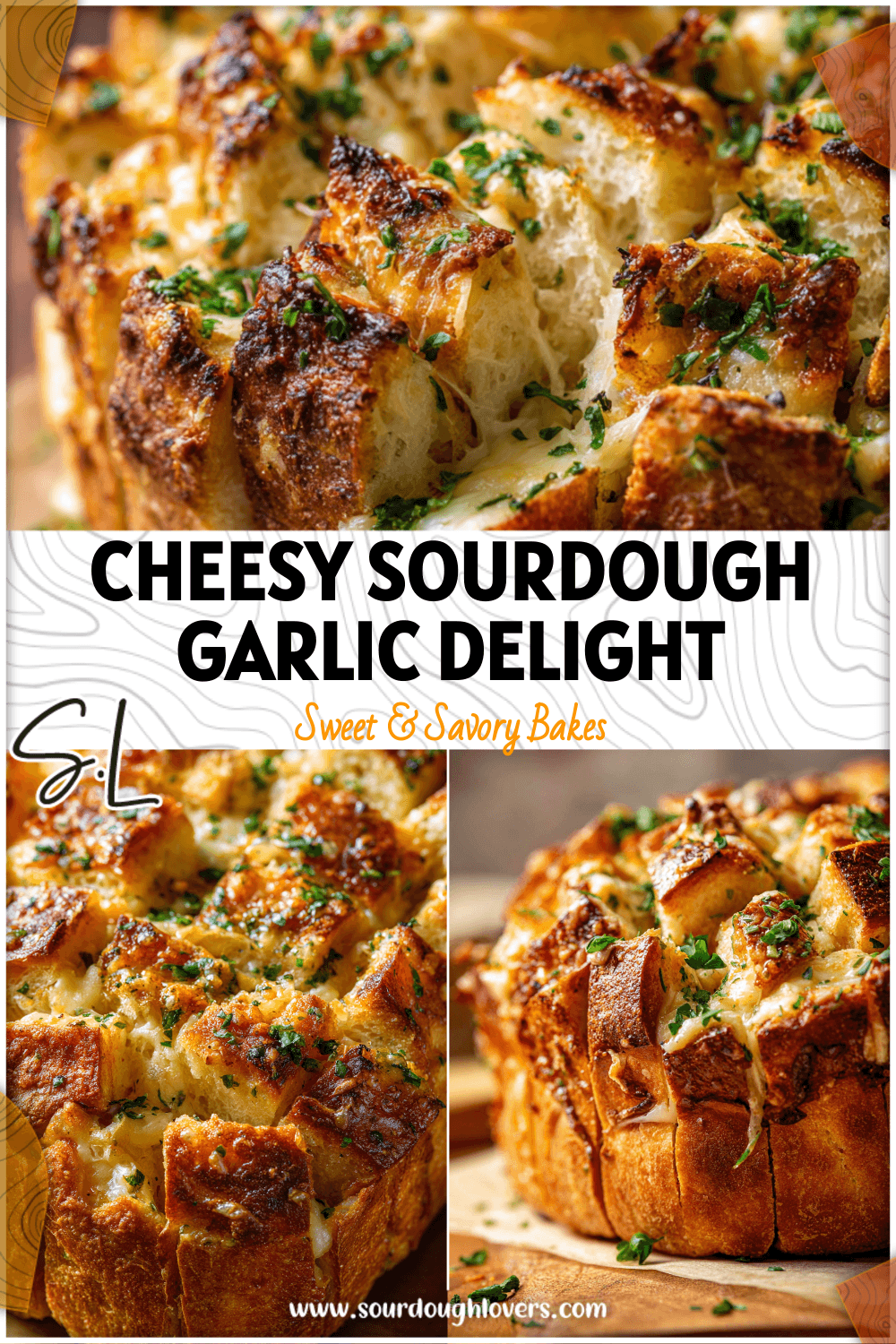 Golden Sourdough Garlic Pull Apart Bread with melted cheese layers and fresh herbs on a baking tray