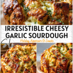 Golden cheesy sourdough pull-apart bread topped with melted garlic butter and herbs in a rustic dish.