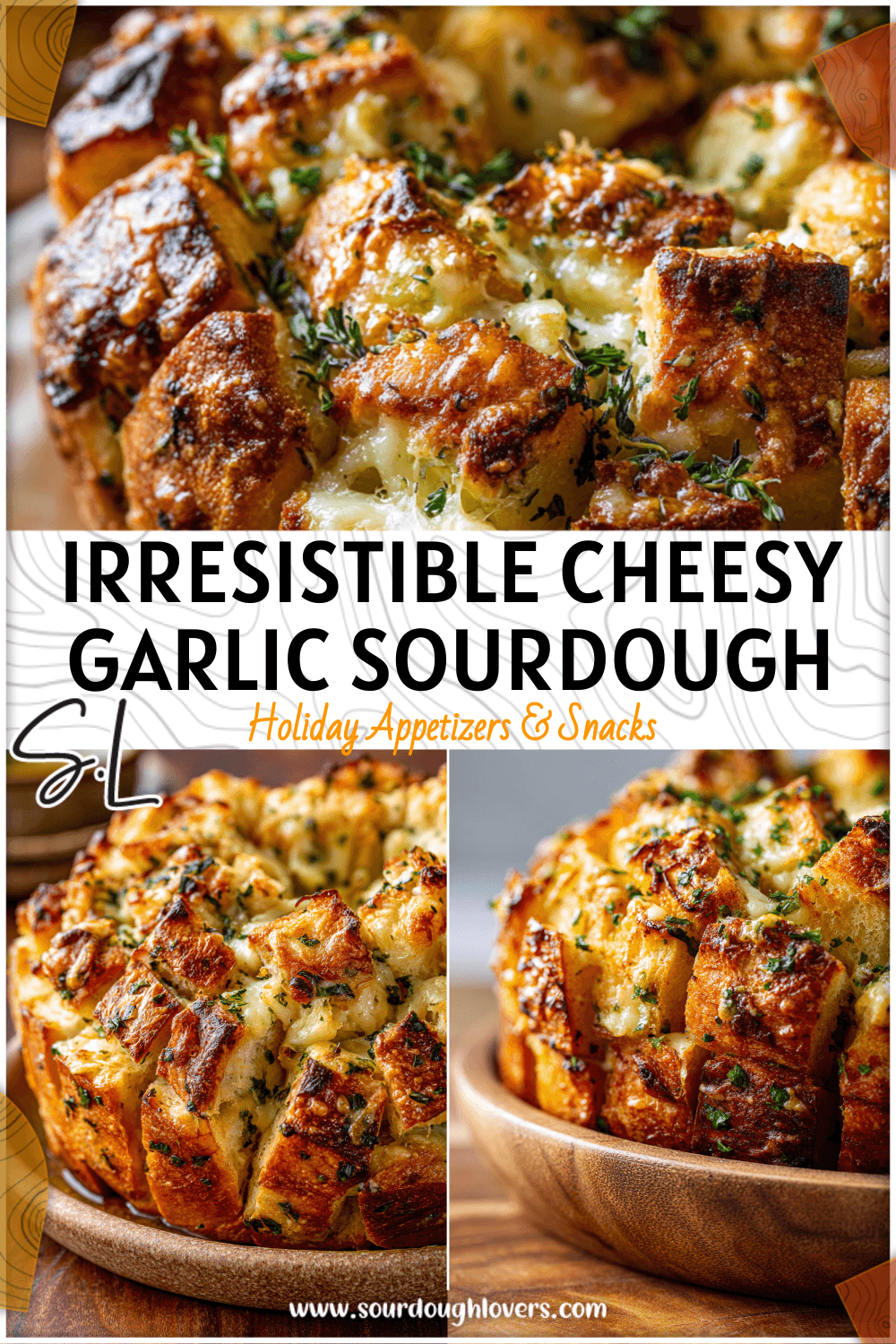 Golden cheesy sourdough pull-apart bread topped with melted garlic butter and herbs in a rustic dish.