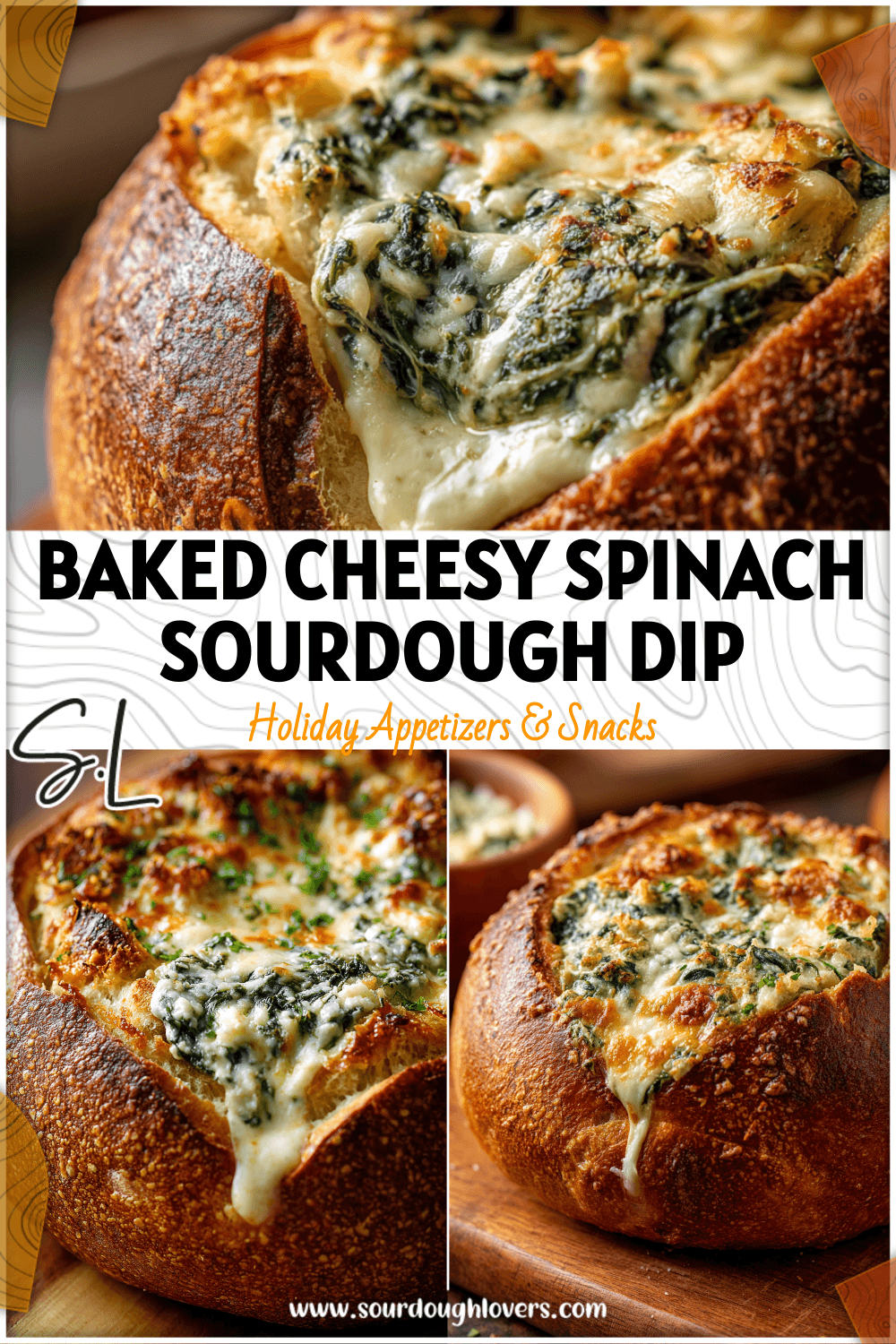 Golden sourdough bread bowl filled with cheesy spinach dip served as a warm Sourdough Appetizer Recipe