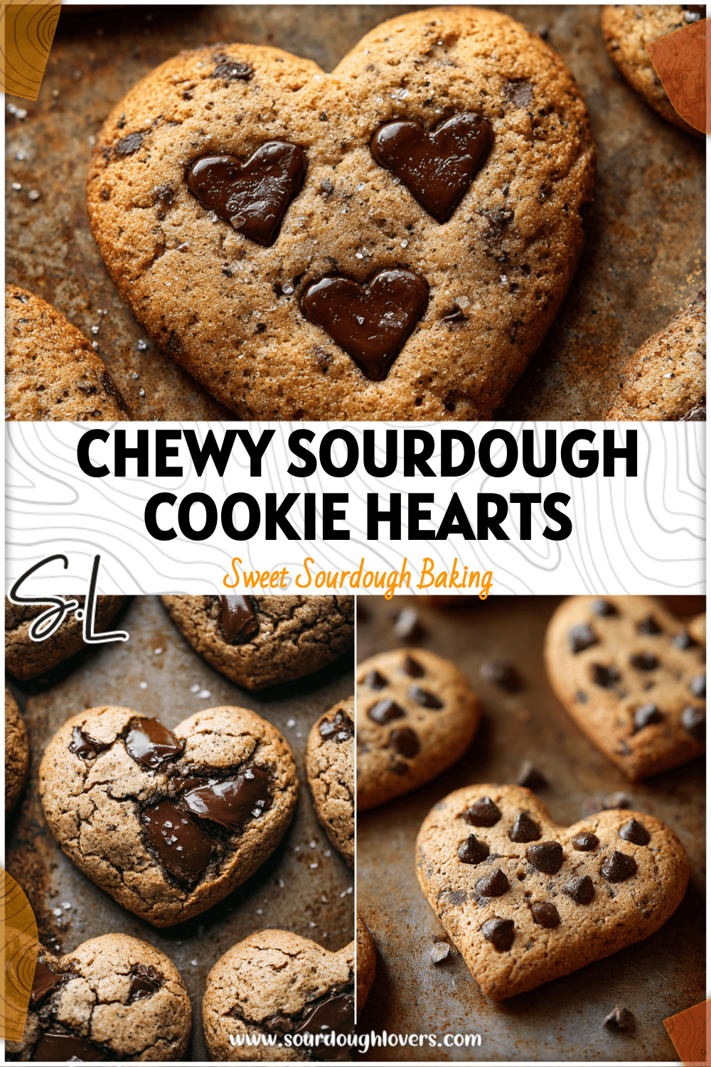 Heart-shaped chewy brown butter sourdough chocolate chip cookies on a rustic baking tray.