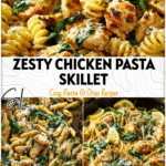 Lemon chicken pasta with spinach and parmesan in a rustic skillet ready to serve.