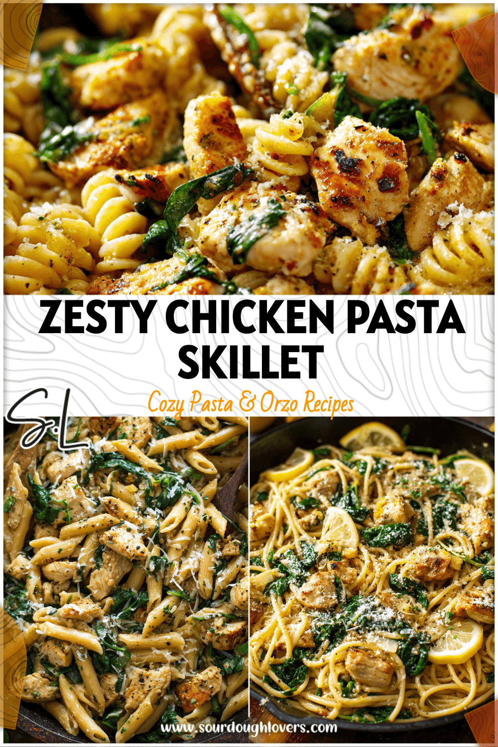 Lemon chicken pasta with spinach and parmesan in a rustic skillet ready to serve.