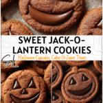 Close-up of chocolate cinnamon Jack O Lantern Cookies with glowing brown sugar tone and rich chocolate centers.