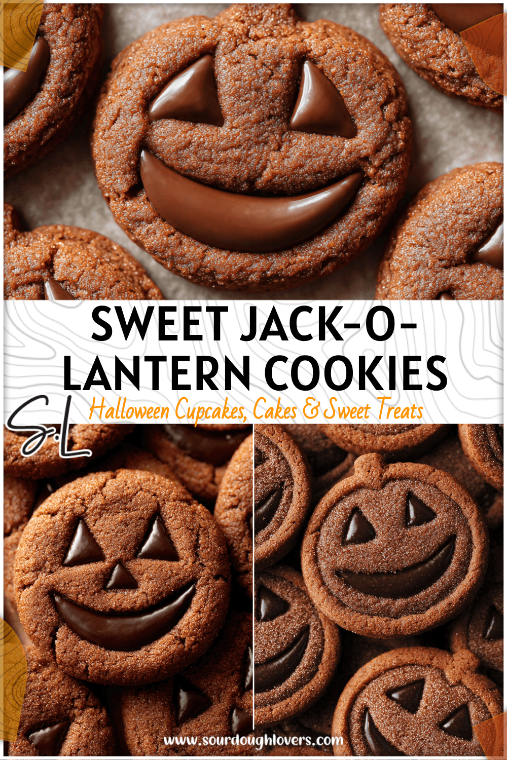 Close-up of chocolate cinnamon Jack O Lantern Cookies with glowing brown sugar tone and rich chocolate centers.