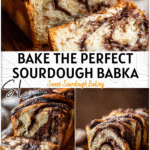 Chocolate Hazelnut Sourdough Babka with a Rustic Twist 5 Golden chocolate hazelnut sourdough babka loaf swirled with rich chocolate filling on a rustic board.