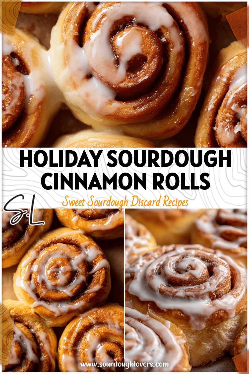 Golden sourdough cinnamon rolls glazed and baked in a pan, made with long fermented sourdough starter.