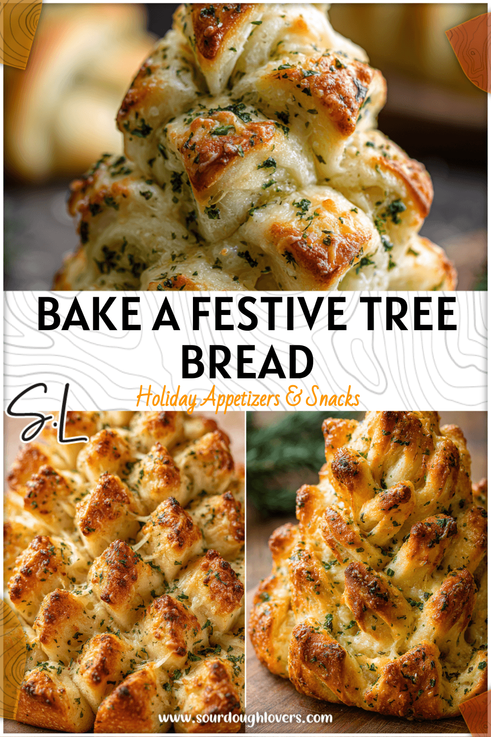 Golden Cheese Pull Apart Christmas Tree made from garlic knots arranged in a tree shape decorated with herbs.