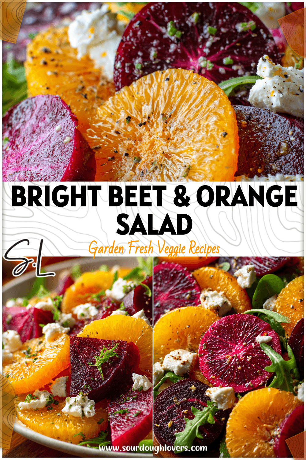 Colorful roasted beet and orange salad topped with goat cheese and greens.