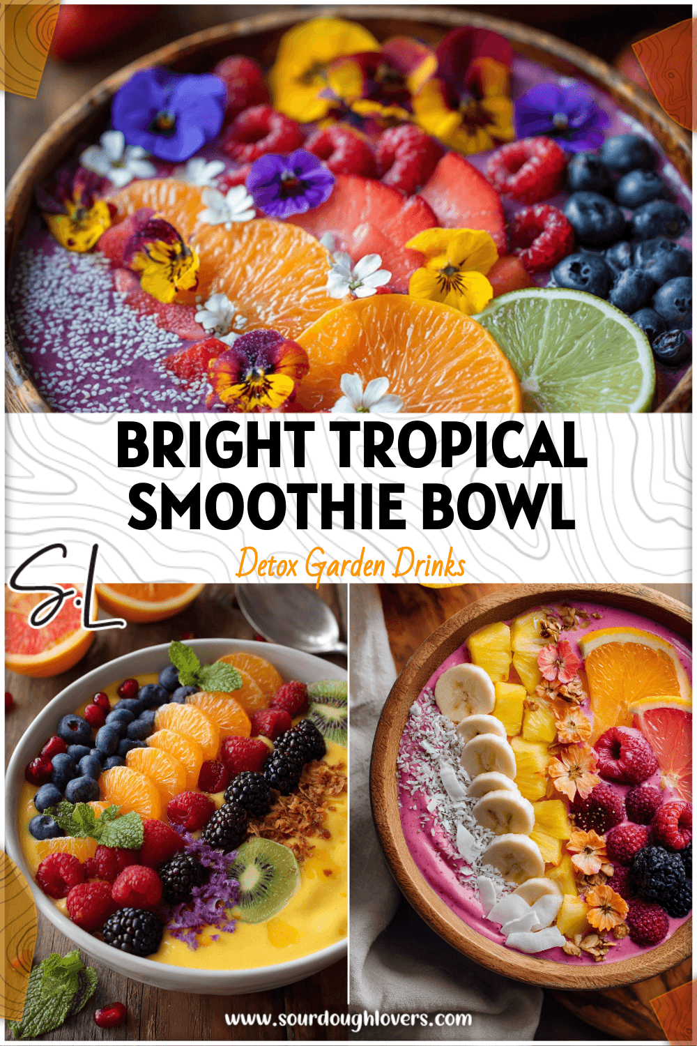 A colorful smoothie bowl with vibrant tropical toppings and citrus slices on a wooden table.