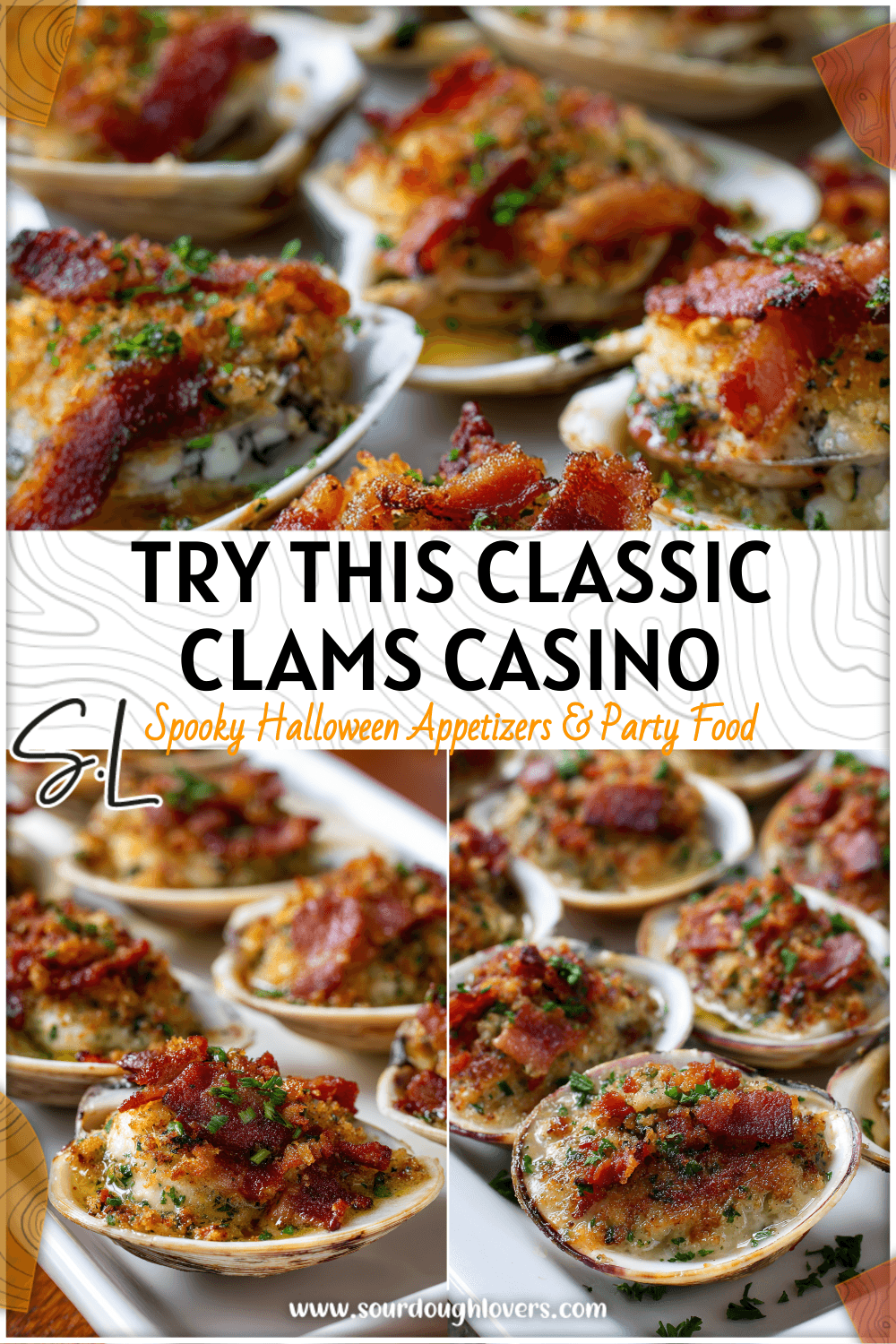 Close-up of Clams Casino with bacon and herbs served on a white platter