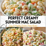 Bowl of Classic Summer Macaroni Salad with fresh vegetables and creamy dressing on a picnic table.