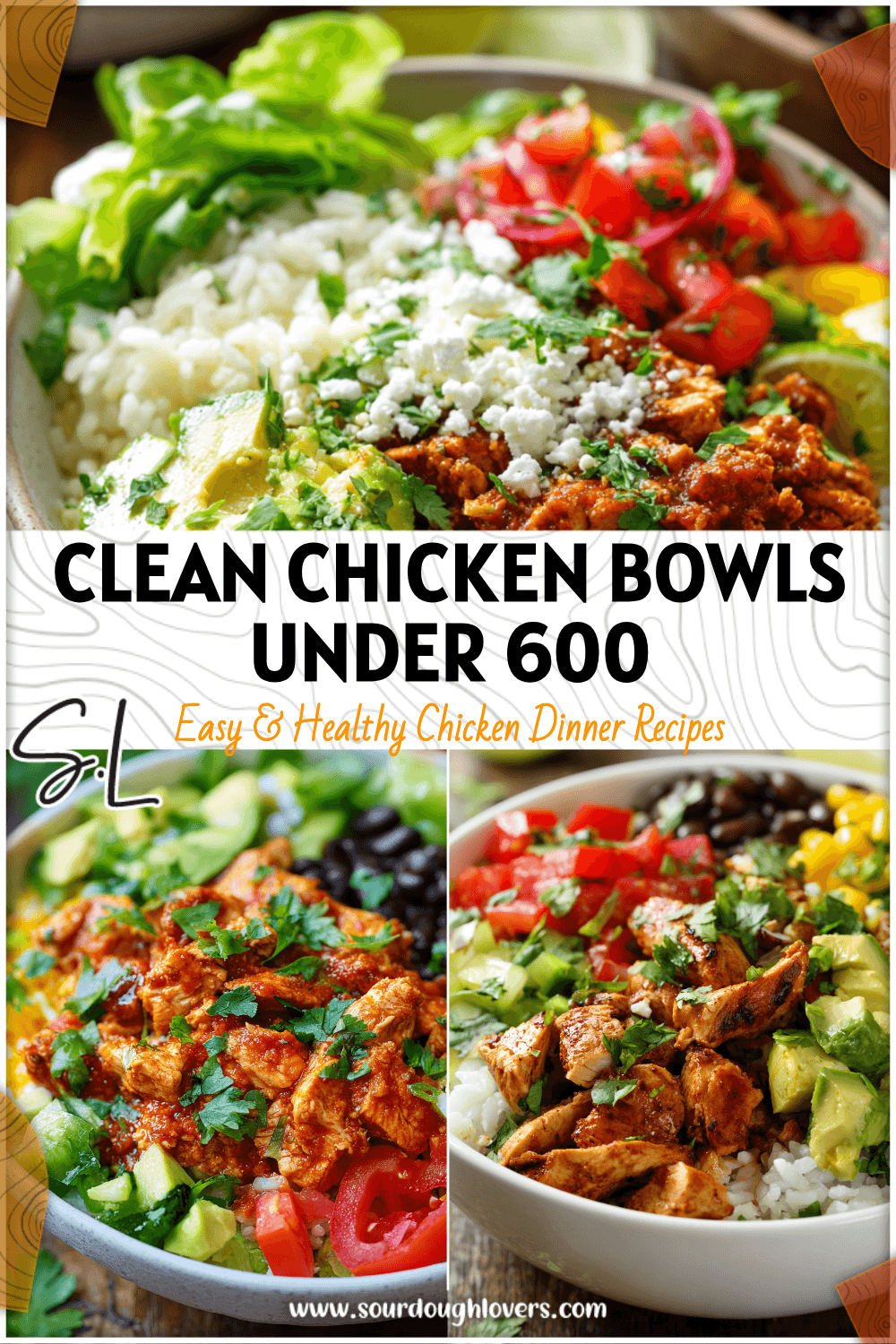 Colorful chicken burrito bowl with rice, beans, vegetables, and avocado for Clean Low Calorie Meals.
