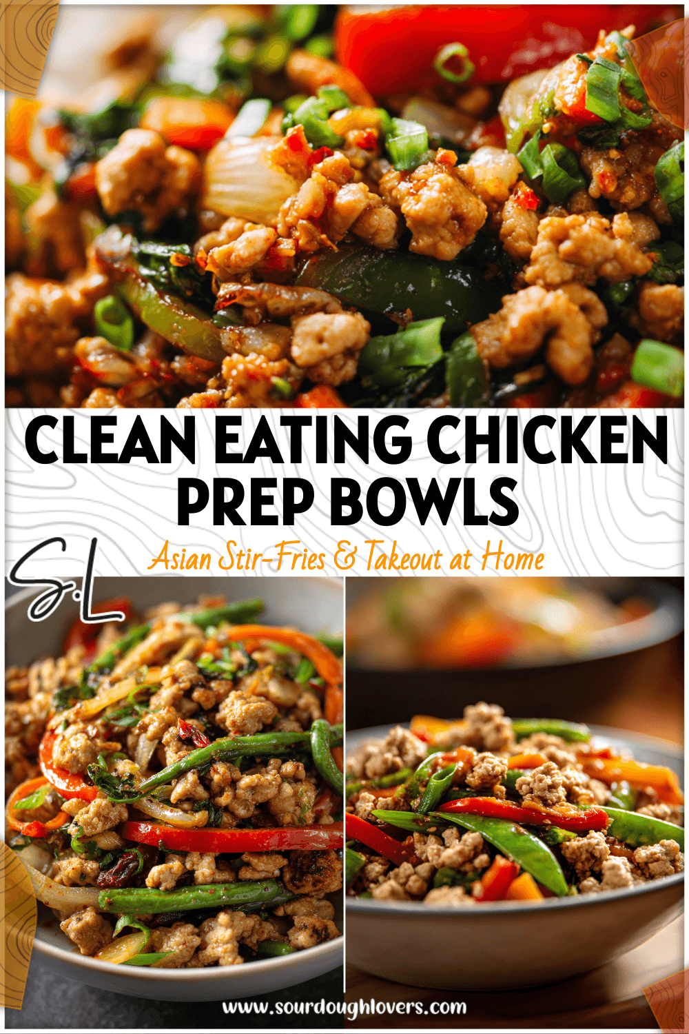 Colorful stir fry of lean ground chicken and vegetables served in a healthy meal prep bowl.