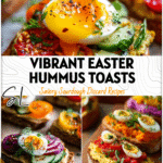 Colorful Easter Egg Hummus Toasts With Mediterranean Flair 5 Vibrant Easter Egg Hummus Toasts on sourdough with colorful vegetables styled like Shakshuka Plating.