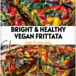 Sliced vegan frittata with colorful peppers and leafy greens in a sourdough crust ready to serve.