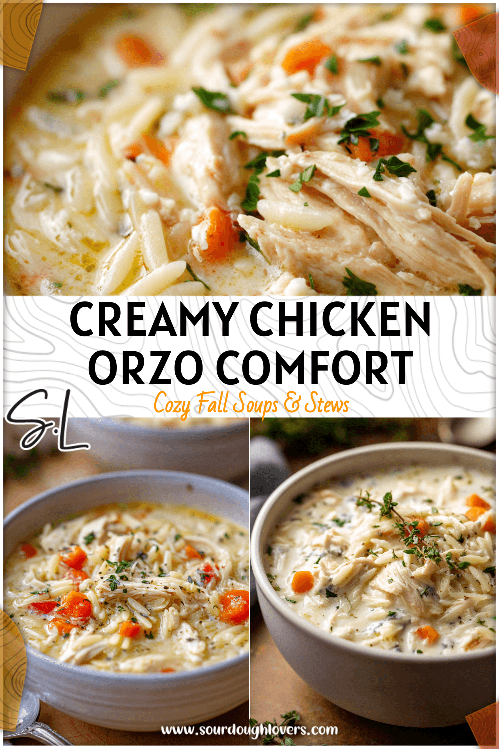 A bowl of creamy chicken and orzo soup topped with herbs and Boursin cheese in a cozy white bowl