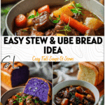 Cozy Dinner: Easy Beef Stew & Ube Bread Combo 5 A comforting plate with Easy Beef Stew and slices of Ube Loaf Bread on a rustic table.