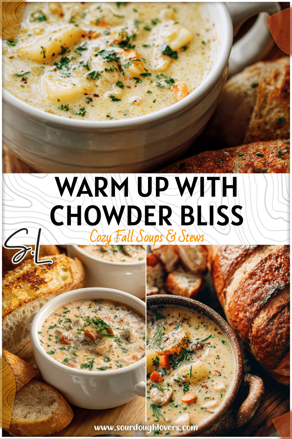 Hearty New England Clam Chowder garnished with herbs and served with warm Crusty Bread.