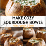 Cozy Sourdough Bread Bowls for Fall Soup Nights 5 Golden sourdough bread bowls filled with creamy fall soup on a rustic wooden table.