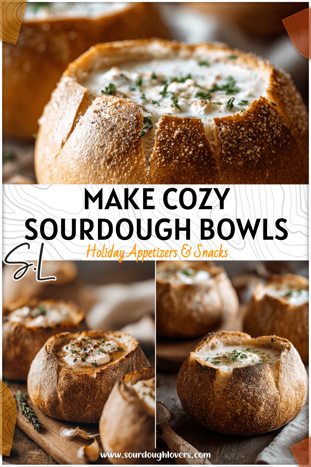 Golden sourdough bread bowls filled with creamy fall soup on a rustic wooden table.