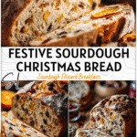 Golden Sourdough Christmas Bread with dried fruit and citrus slices on a festive table.