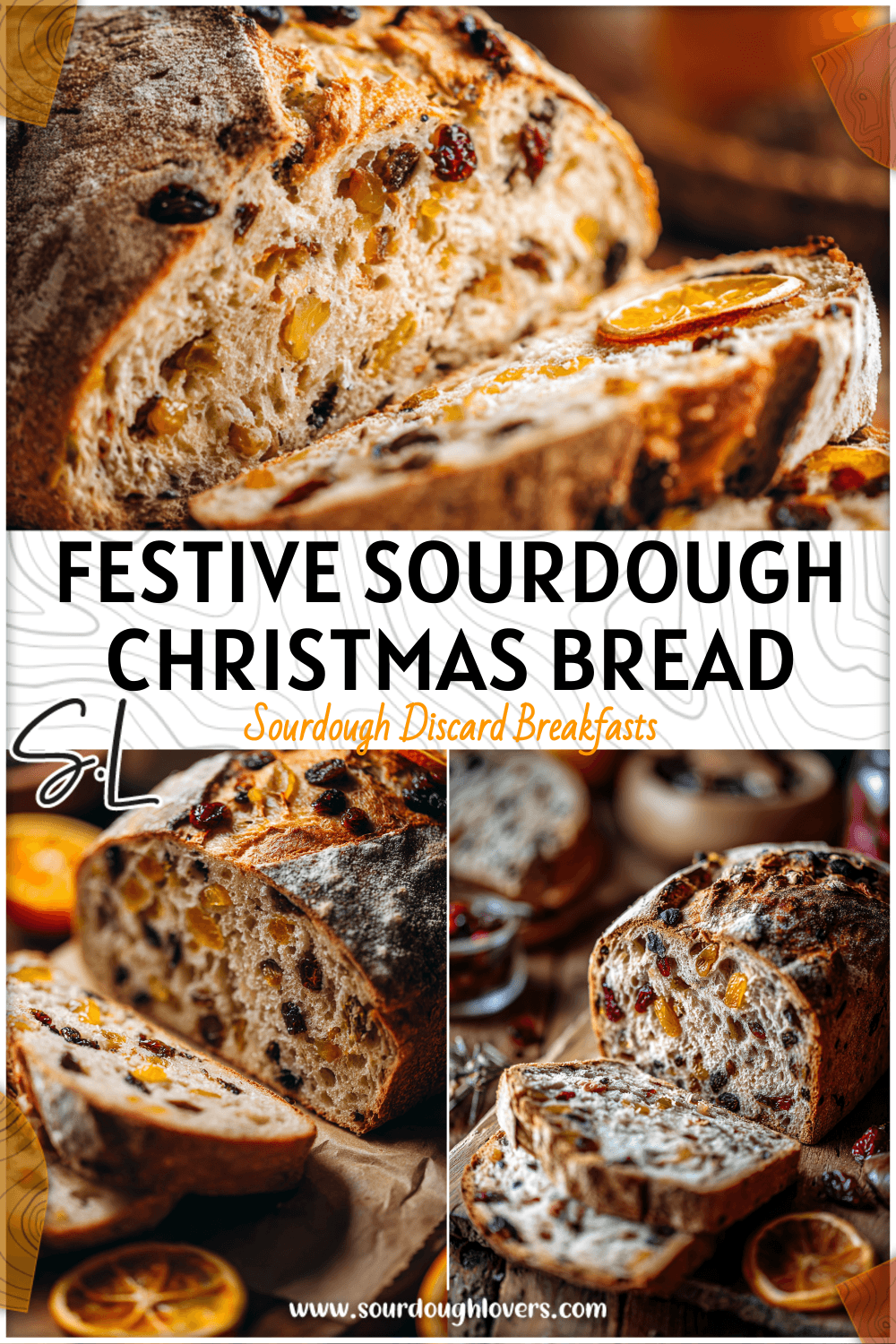 Golden Sourdough Christmas Bread with dried fruit and citrus slices on a festive table.
