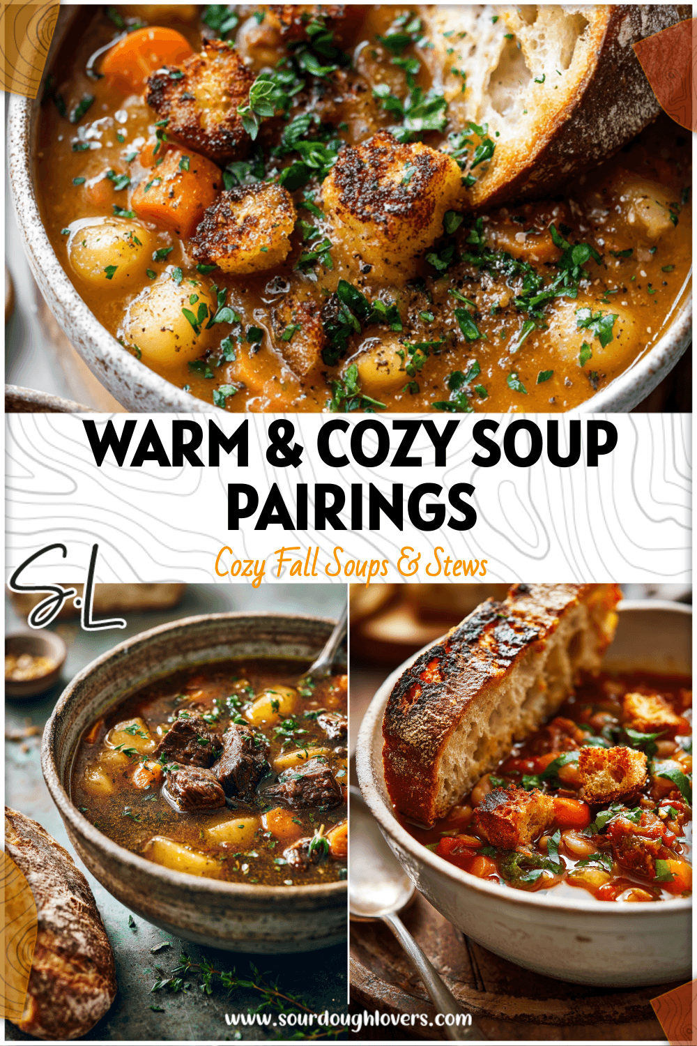 Rustic bowl of cozy winter soup with sourdough bread showing hearty winter soups and stews style comfort.