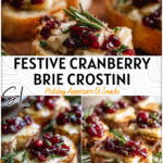 Cranberry Brie Sourdough Crostini for Thanksgiving & Christmas 5 Golden sourdough crostini topped with melted brie and cranberry sauce on a holiday platter.