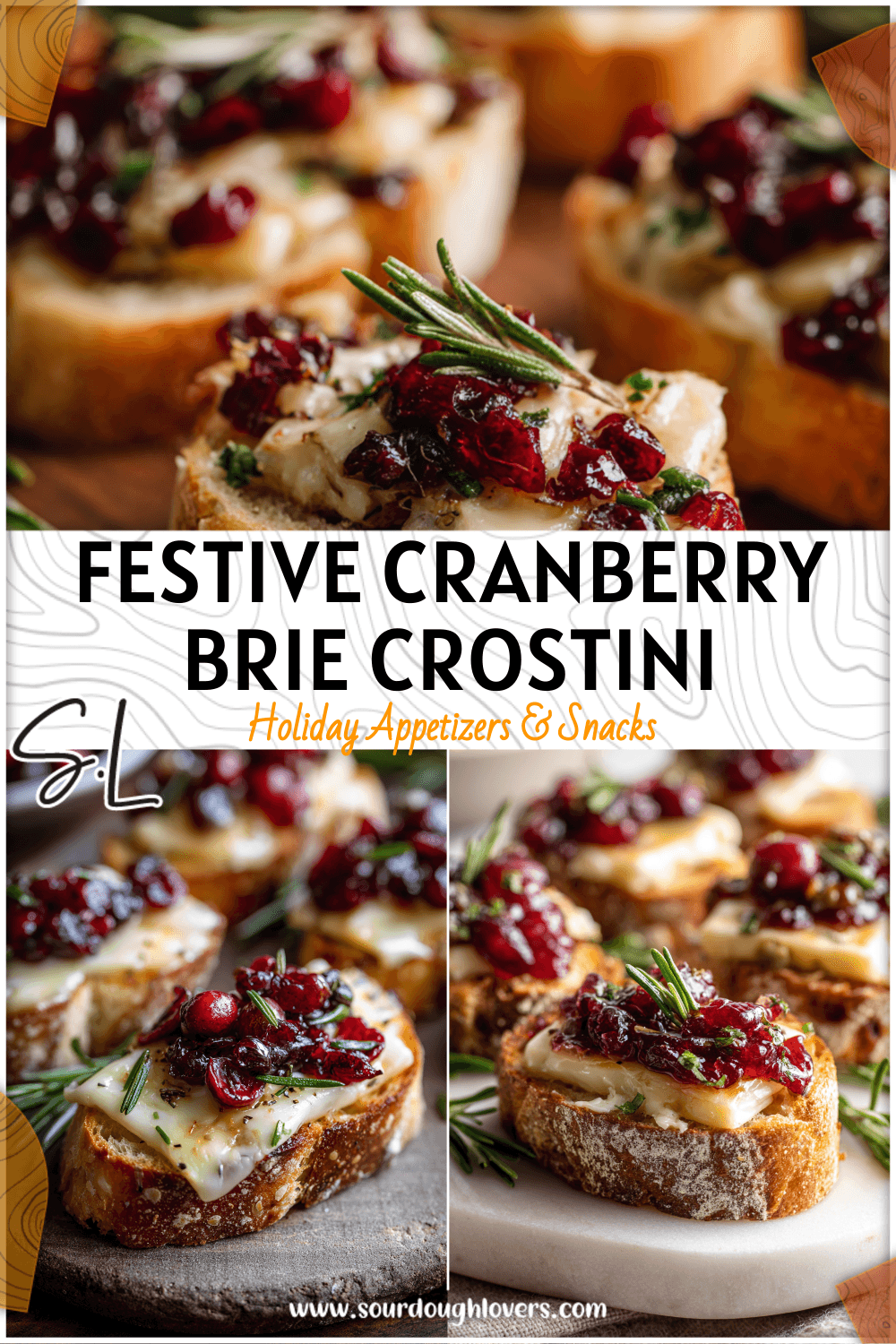 Golden sourdough crostini topped with melted brie and cranberry sauce on a holiday platter.