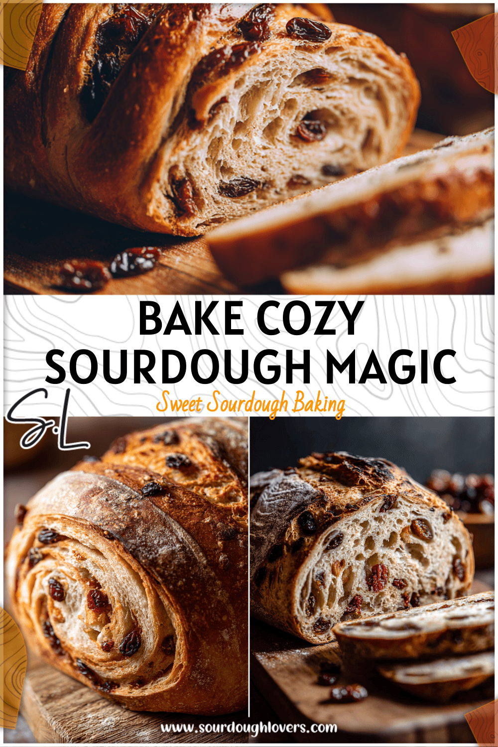 Golden loaf of cranberry orange sourdough bread with raisins and cinnamon swirls on wooden board