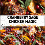 Golden baked chicken thighs with fresh cranberries, orange slices, and sage leaves in a skillet.
