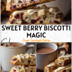 Cranberry White Chocolate Biscotti Twist 5 Cranberry white chocolate biscotti pieces stacked beside a cup of tea