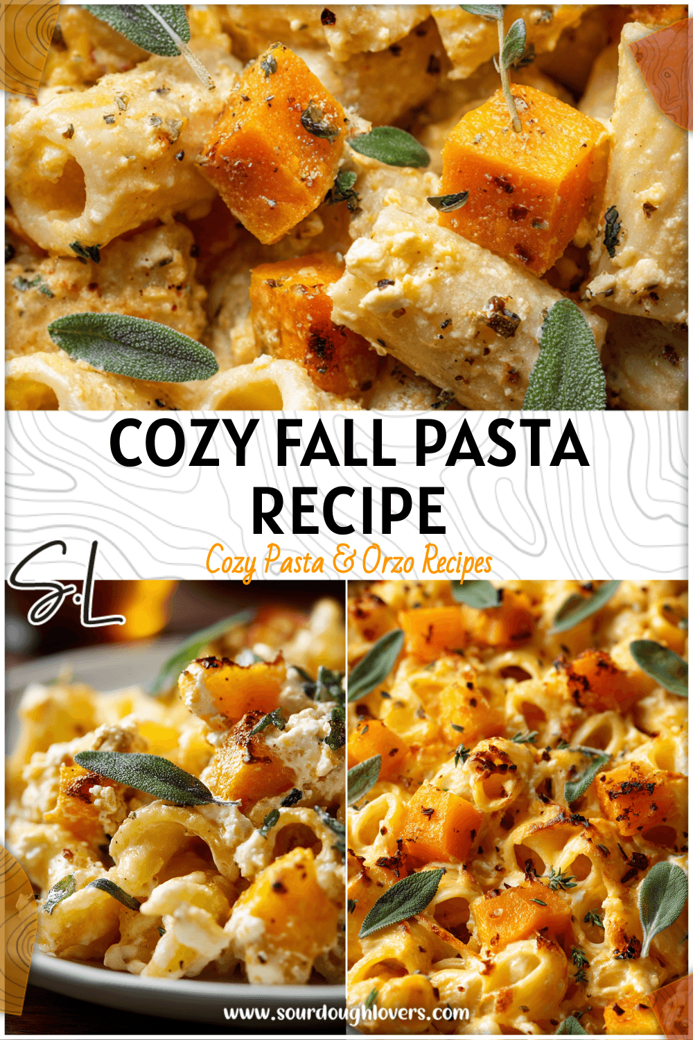 Baked feta pasta topped with roasted butternut squash cubes and fresh sage for a cozy fall dinner.