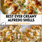 Baked Chicken Alfredo Stuffed Shells topped with creamy sauce and parsley in a white casserole dish
