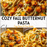 Creamy pasta and roasted butternut squash served in a bowl topped with sauce and herbs.