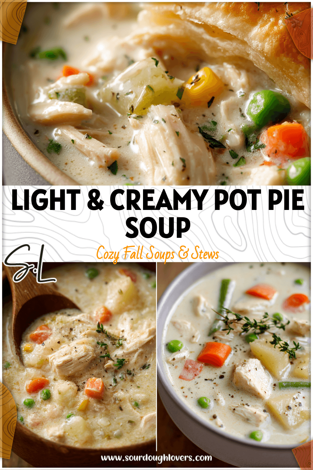 Bowl of creamy light chicken pot pie soup with vegetables served hot from the Instant Pot.