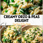 Bowl of creamy orzo with peas, spinach, and Parmesan sprinkled on top for a fresh Orzo And Peas Recipe.
