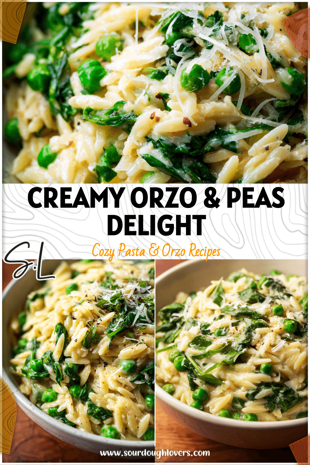 Bowl of creamy orzo with peas, spinach, and Parmesan sprinkled on top for a fresh Orzo And Peas Recipe.