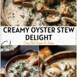 A steaming bowl of creamy oyster stew with herbs and oyster pieces served in a rustic bowl.