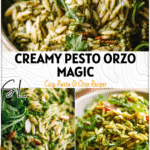 Creamy Pesto Orzo Salad with Arugula and Fresh Pesto Dressing 5 Bowl of creamy Pesto Orzo Salad with Arugula Pesto and glossy Pesto Dressing served as an Orzo Recipes Side