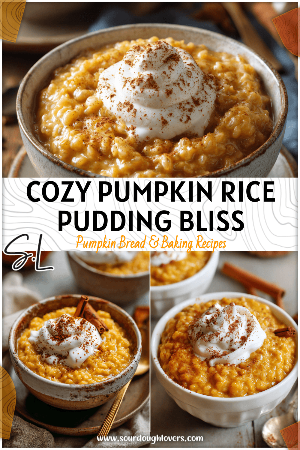 Bowl of creamy Pumpkin Rice Pudding topped with cinnamon and whipped cream on a rustic table.