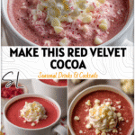 A mug of creamy Red Velvet Hot Chocolate topped with whipped cream and vanilla chips for cozy drinks lovers