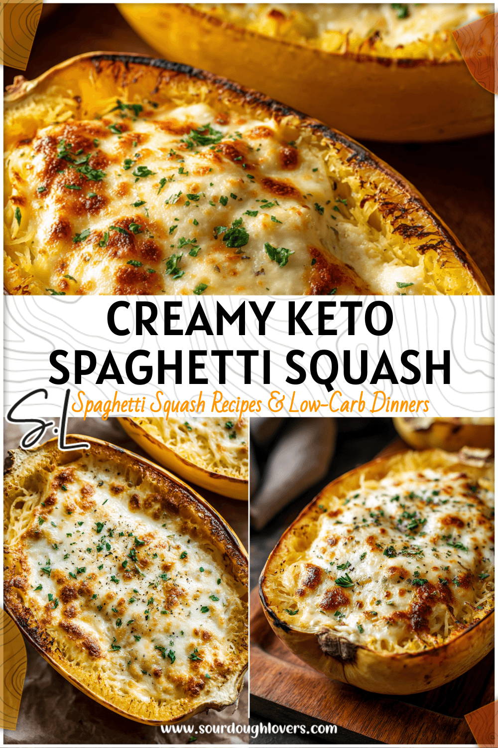 Baked spaghetti squash with melted cheese and herbs served in its shell as a keto low carb side dish.