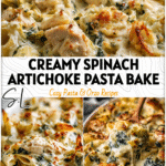 Golden baked Spinach Artichoke Chicken Pasta covered in creamy garlic parmesan sauce in a casserole dish