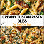 A creamy Tuscan chicken pasta skillet with spinach, parmesan, and tender chicken pieces ready to serve.