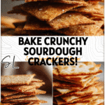 Crispy Gut-Friendly Sourdough Crackers from Discard 5 Golden sourdough crackers stacked on a wooden board made from sour dough discard.