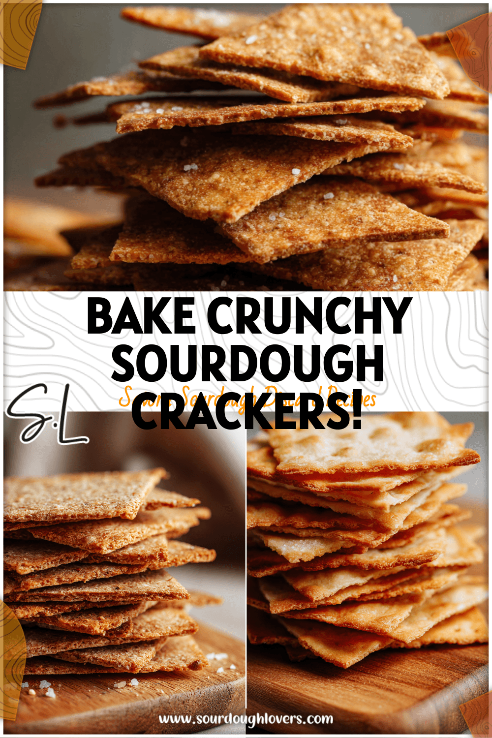 Golden sourdough crackers stacked on a wooden board made from sour dough discard.